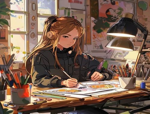 年轻同人创作者在明亮工作室中专注绘制火影忍者同人漫画，桌面摆放画板与彩色马克笔，充满创作热情的温馨场景