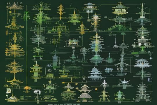 火影忍者同人创作发展历程示意图，展现从早期同人展会到现代网络社区的演变，墨绿金棕配色的时间轴视觉设计